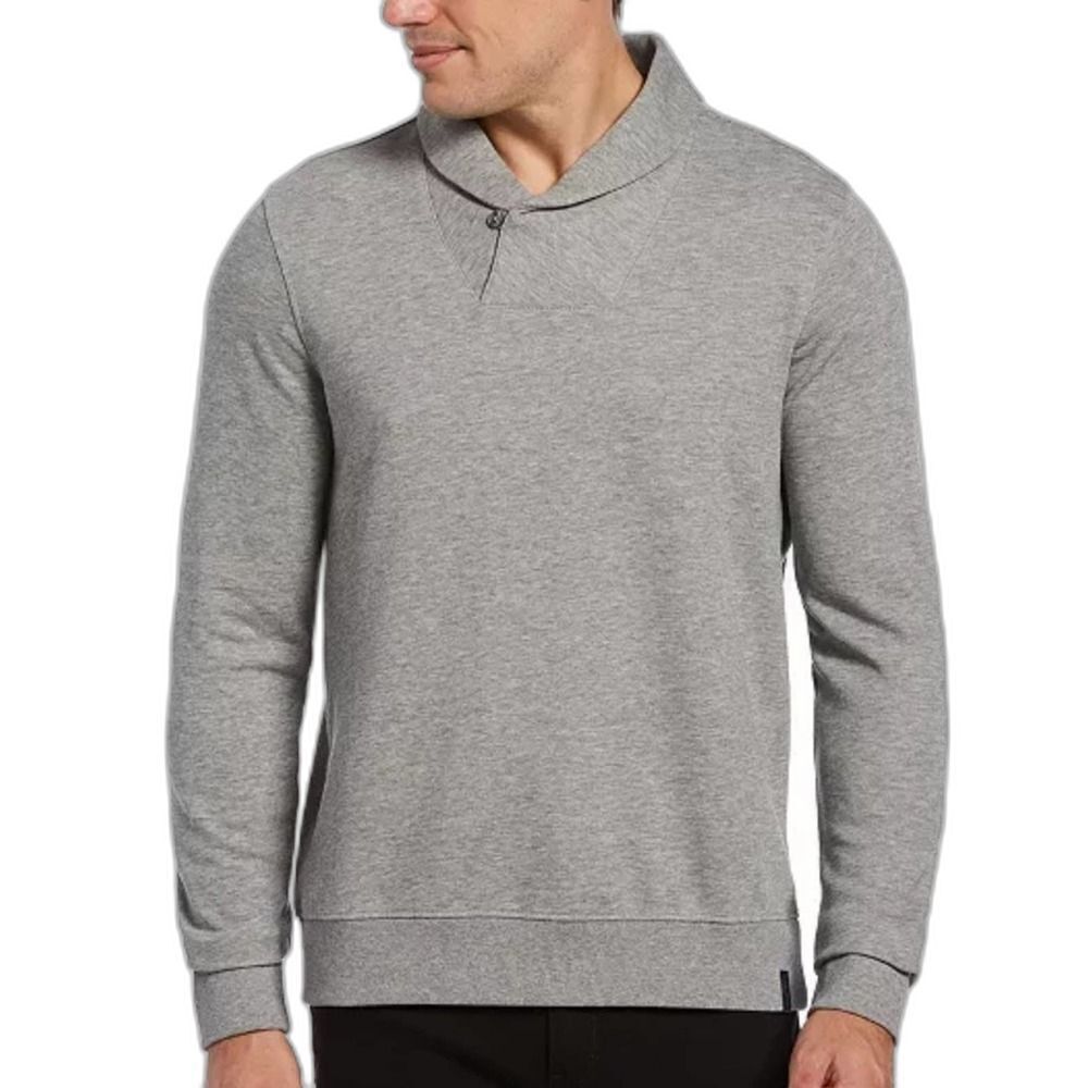 Perry Ellis Pullover Sweater Mens XL Light Gray Cotton Shawl Collar Long SLeeve